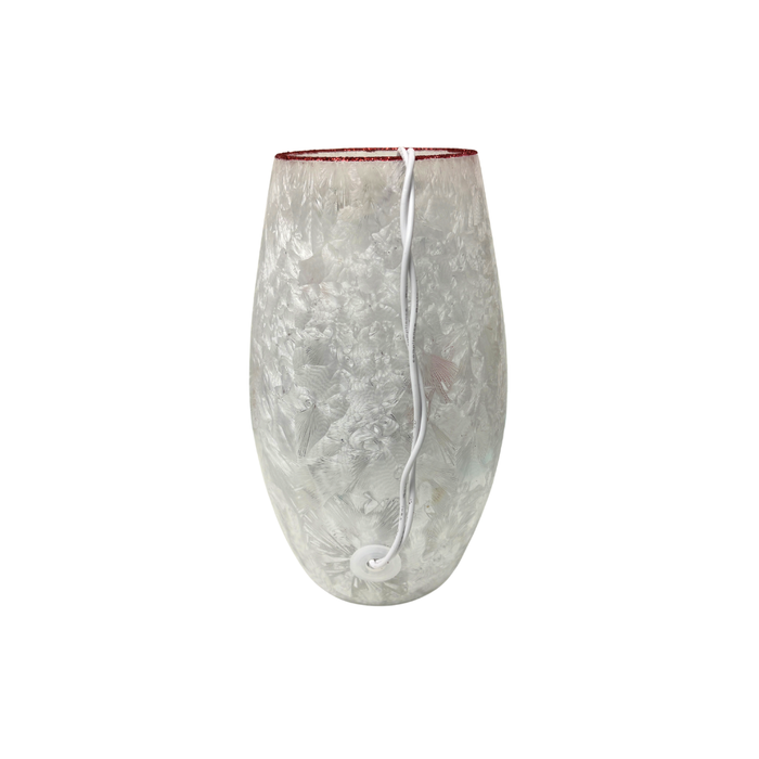 Back view of Stony Creek medium snowman vase showing textured frosted glass and attached electric light cord.