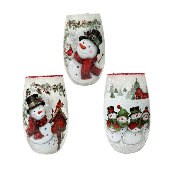 Stony Creek Happy Snowman small pre-lit glass vase featuring snowman with birdhouse and snowman family with barn winter scenes.