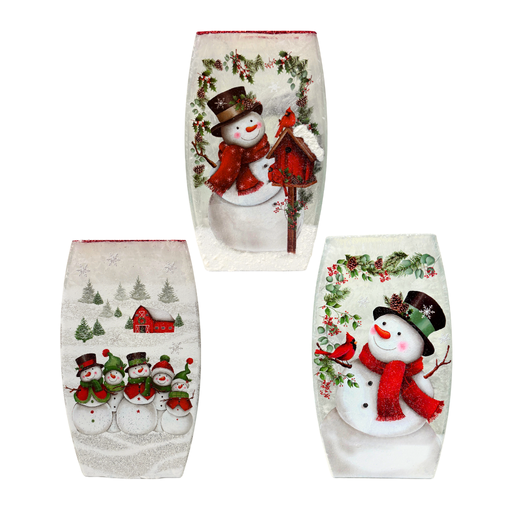 Set of three decorative tumblers with snowman designs on a white background