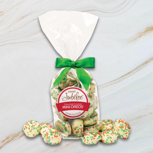 Sweet Jubilee White Chocolate Covered Mini Oreo Cookies with red and green sprinkles in clear bag with green satin bow.