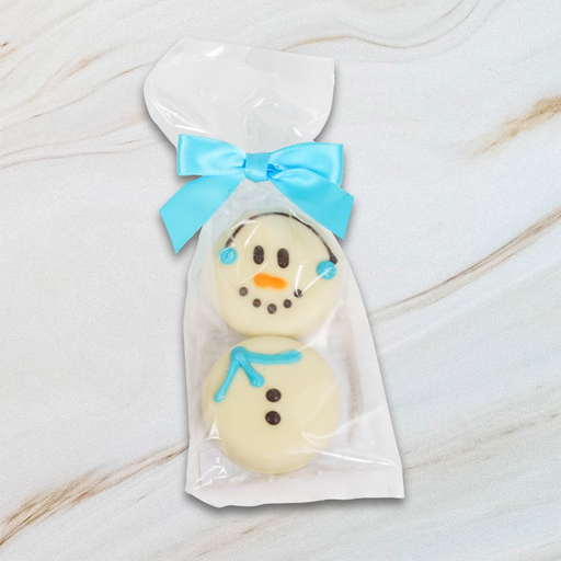 Sweet Jubilee White Chocolate Covered Oreo Snowman with blue scarf and earmuffs, packaged with blue satin bow.