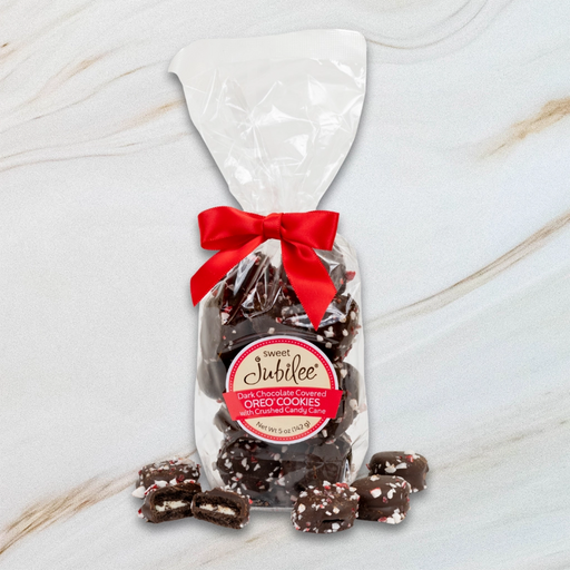 Sweet Jubilee Dark Chocolate Covered Mini Oreos® with crushed candy cane pieces in clear bag with red satin ribbon