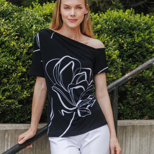 Angular Drape Neck Off Shoulder Top - Floral Outline