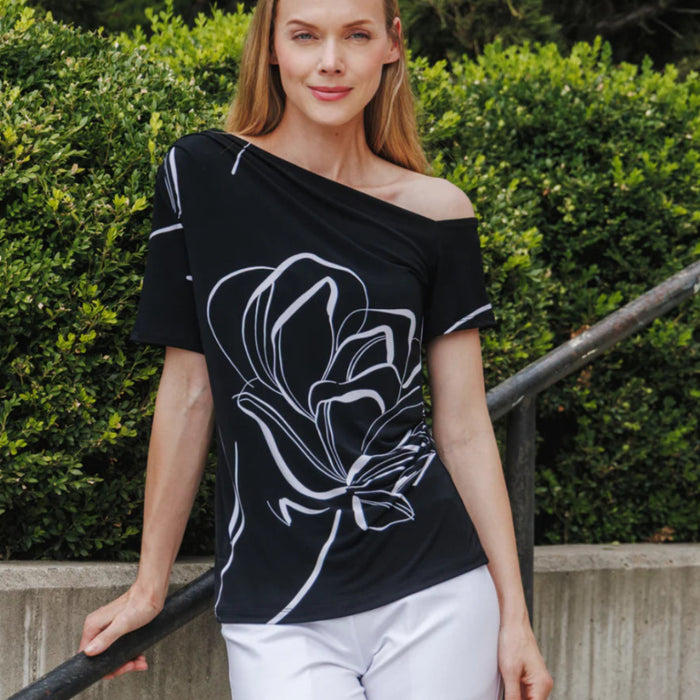 Angular Drape Neck Off Shoulder Top - Floral Outline