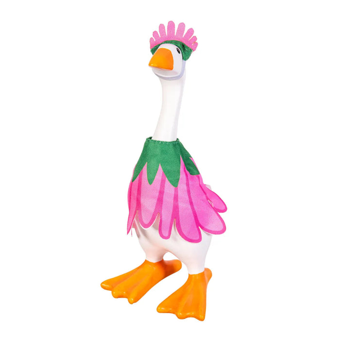 Gordy the Desktop Goose wearing a charming seasonal fabric outfit for tabletop decor