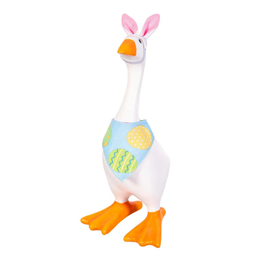 Decorative tabletop goose wearing a playful Easter Bunny costume for spring decor