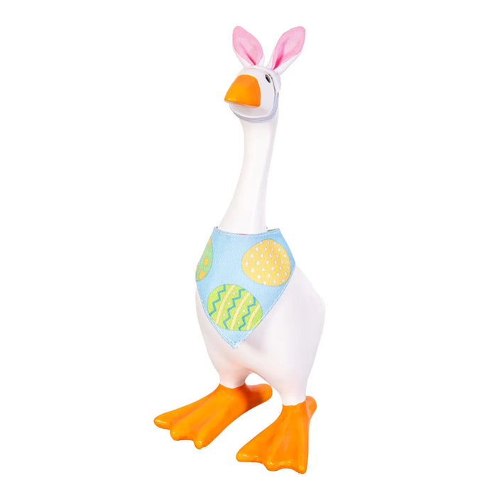 Decorative tabletop goose wearing a playful Easter Bunny costume for spring decor