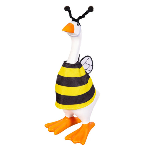 Gordy the Goose dressed in a bee-themed fabric costume for tabletop decoration
