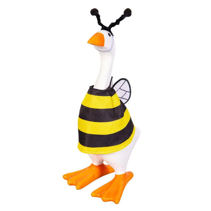 Gordy the Goose dressed in a bee-themed fabric costume for tabletop decoration