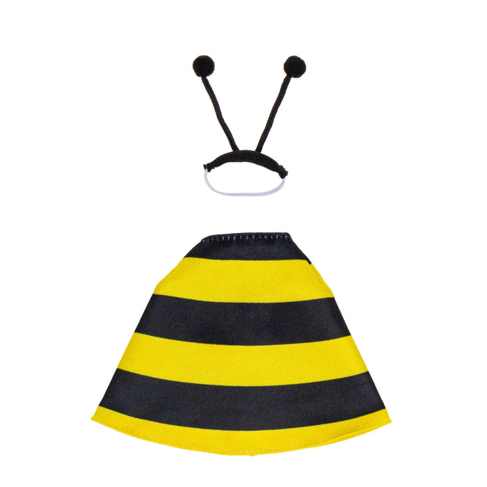 Gordy the Goose dressed in a bee-themed fabric costume for tabletop decoration