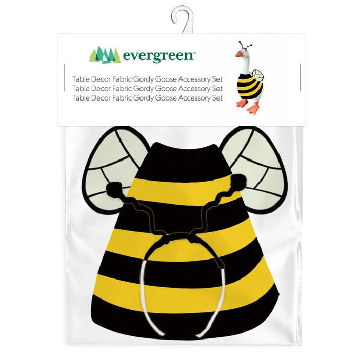 Gordy the Goose dressed in a bee-themed fabric costume for tabletop decoration
