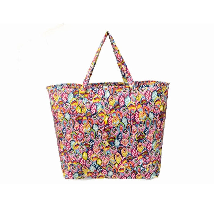 A vibrant tote bag featuring a multicolored pattern, showcasing a blend of various bright colors and designs.