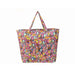 A vibrant tote bag featuring a multicolored pattern, showcasing a blend of various bright colors and designs.