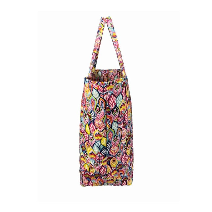A stylish tote bag with a bright, colorful pattern, featuring an array of vivid colors and unique shapes.