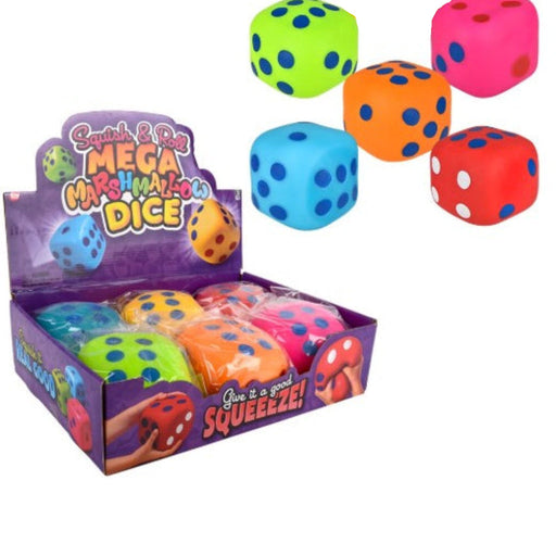 Colorful dice with polka dots and a box labeled 'Mega Mega Mega Dice' on a white background.