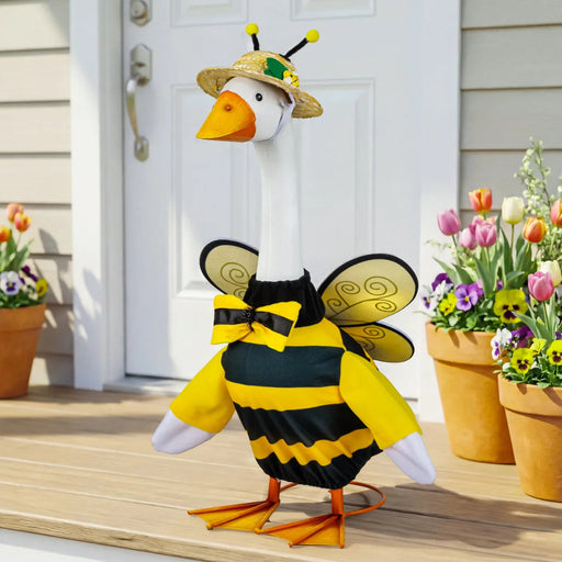 Evergreen Giddy the Goose Bee Outfit with yellow stripes, bee wings, and floral straw hat
