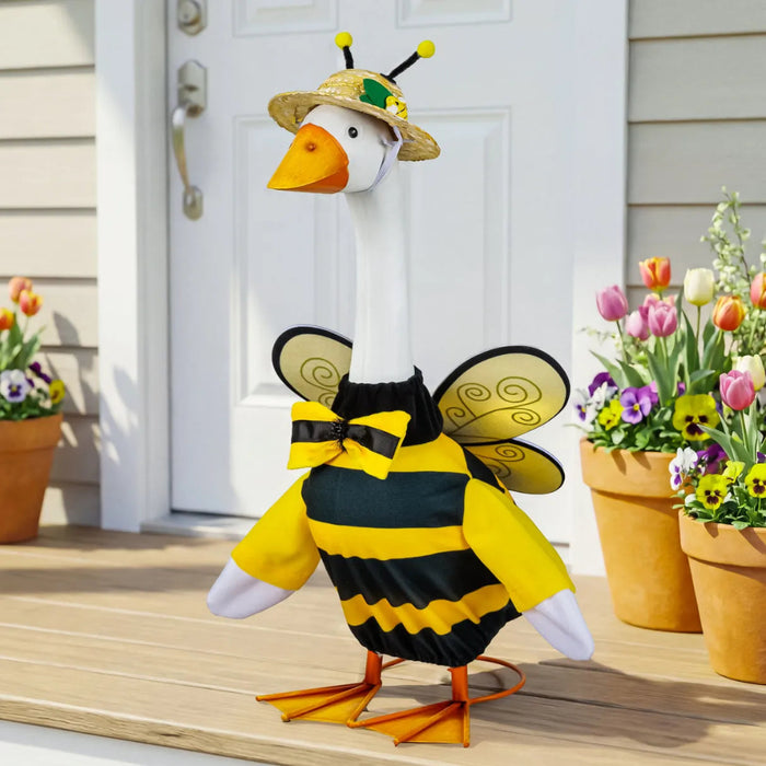 Evergreen Giddy the Goose Bee Outfit with yellow stripes, bee wings, and floral straw hat