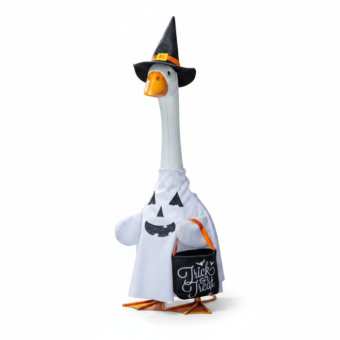 a playful, spooky touch to Halloween décor with this Ghost outfit for porch geese.