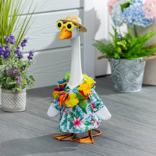 Evergreen Giddy the Goose Hawaiian Vacation Outfit for tropical summer porch and garden decor