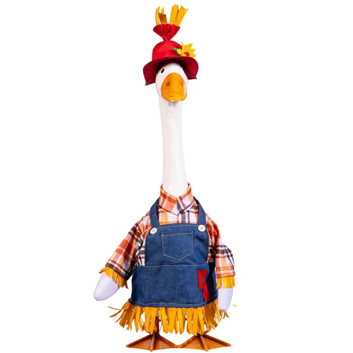 this charming scarecrow porch goose outfit, designed to bring a touch of rustic whimsy to any porch or garden décor. 