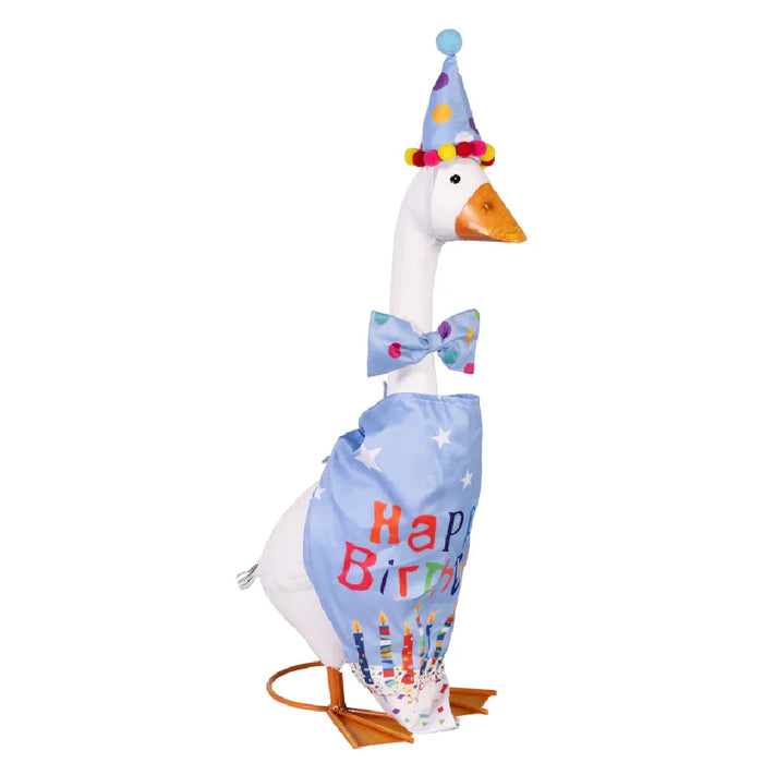 A duck with a birthday hat and a bag, joyfully participating in a birthday festivity.