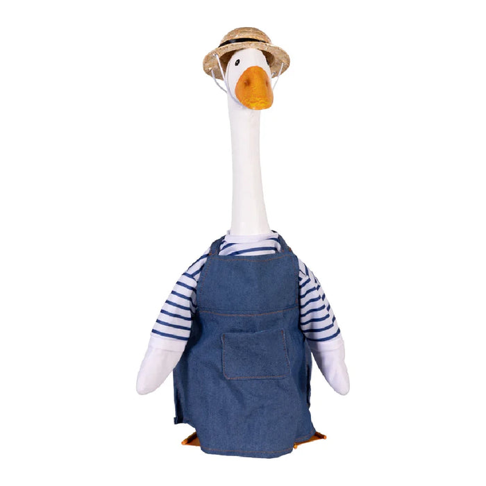 A cheerful duck wearing a colorful hat and denim overalls, showcasing a fun and quirky style.