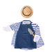 A playful duck adorned with a hat and overalls, presenting a humorous and delightful appearance.