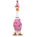 A cheerful duck dons a birthday hat while standing on a grassy lawn, ready for a celebration.