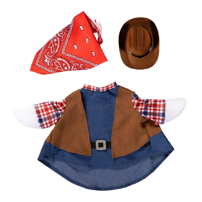 A duck wearing a cowboy hat and outfit sits on a porch, blending humor with a country vibe.