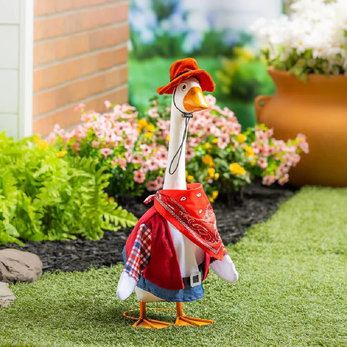 A duck in a cowboy outfit poses on a porch, adding a humorous touch to the rustic setting.