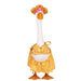 A duck dressed in a colorful dress and hat stands in a vibrant garden filled with flowers.