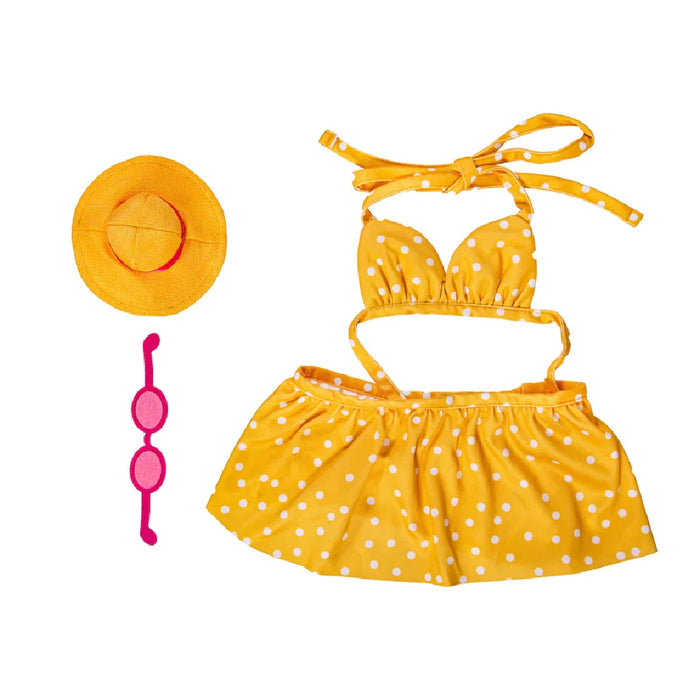 A duck adorned in a dress and hat is seen in a garden, showcasing a playful and whimsical scene.