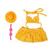 A duck adorned in a dress and hat is seen in a garden, showcasing a playful and whimsical scene.