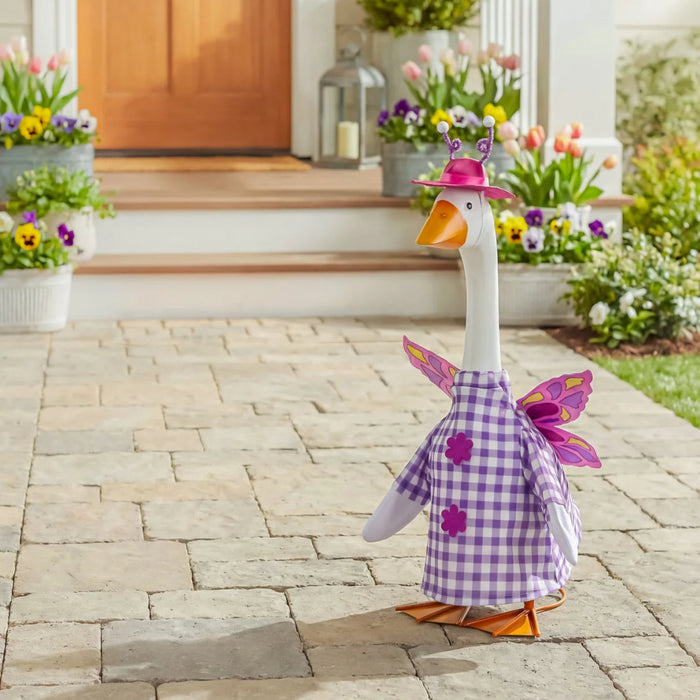 The Evergreen Giddy the Goose Outfit in Butterfly dresses your lawn or porch goose in a charming butterfly-themed costume that nature lovers and garden enthusiasts will adore.