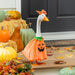 Decorative goose in an orange pumpkin costume standing on a porch with pumpkins and fall leaves.
