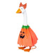 Decorative goose in an orange Halloween costume with a pumpkin skirt on a white background