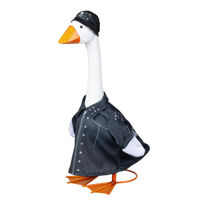 Evergreen Giddy the Goose Biker Outfit with jacket, cap, and sunglasses for porch goose decor