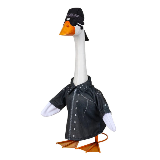 Evergreen Giddy the Goose Biker Outfit with jacket, cap, and sunglasses for porch goose decor
