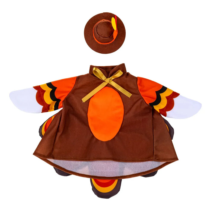 Children's turkey costume with cape, hat, and feather details on a white background