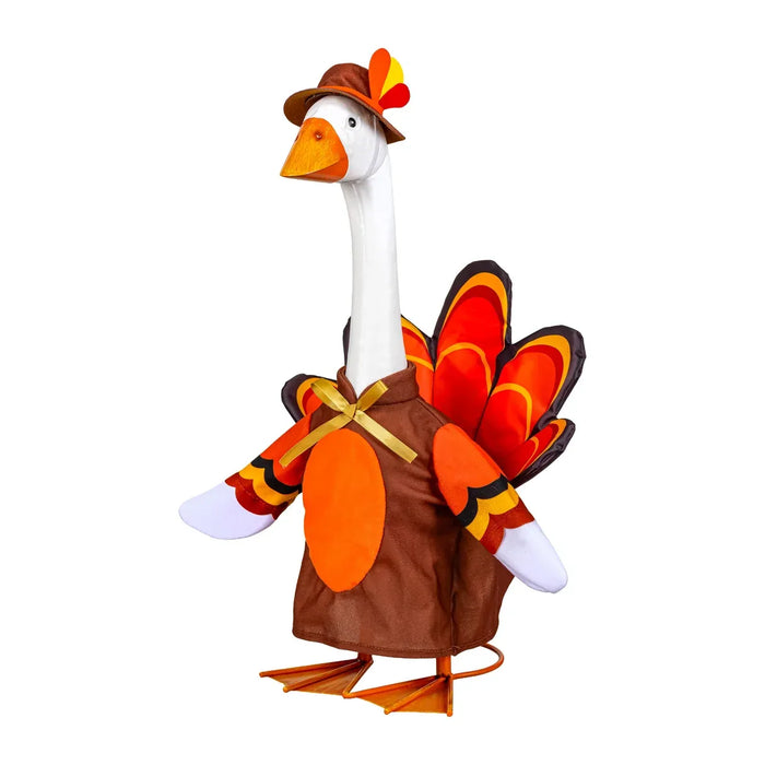 Goose costume with turkey feathers and hat on a white background