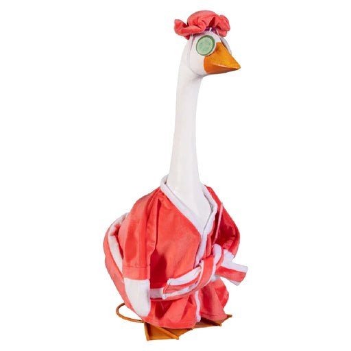 A duck in a pink outfit poses on a porch, adding a whimsical touch to the outdoor setting.