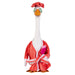 A duck wearing a pink outfit is perched on a porch, creating a charming and playful scene.