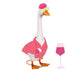 A duck in a pink outfit stands on a porch, enhancing the cheerful atmosphere of the outdoor space.