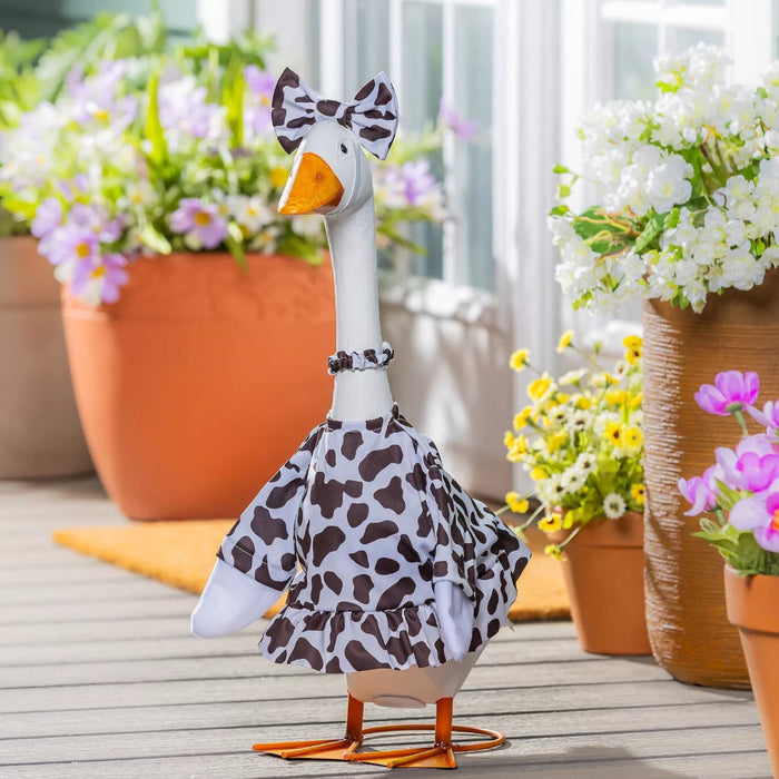 Charming outfit designed for decorative porch geese.