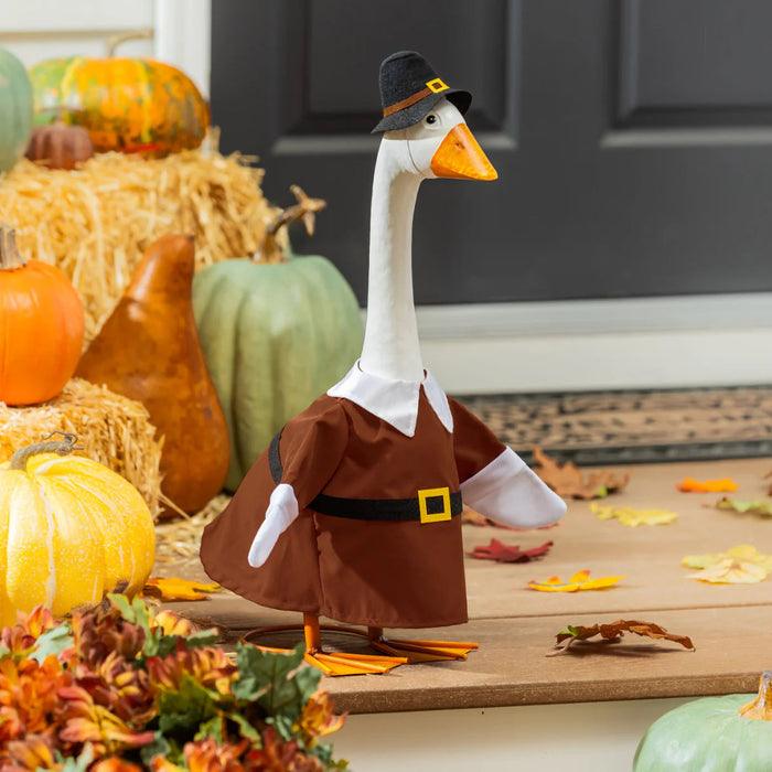 The Evergreen Giddy the Goose Outfit in Harvest Pilgrim Couple dresses your lawn or porch goose in a delightful pilgrim couple costume perfect for the harvest season.