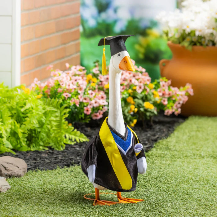 A cheerful duck dressed in a graduation cap and gown, representing a fun and whimsical take on academic success.