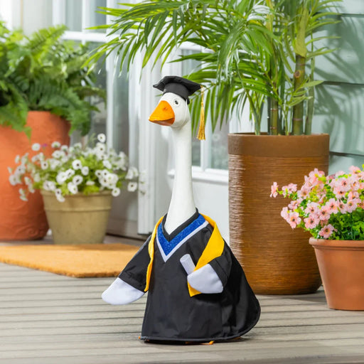 A duck proudly wearing a graduation cap and gown, symbolizing achievement and celebration of education.