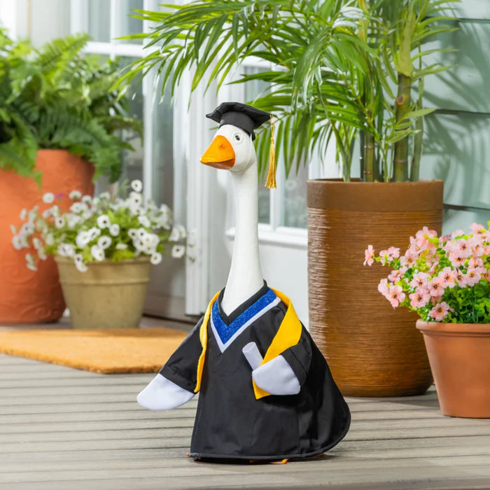 A duck proudly wearing a graduation cap and gown, symbolizing achievement and celebration of education.