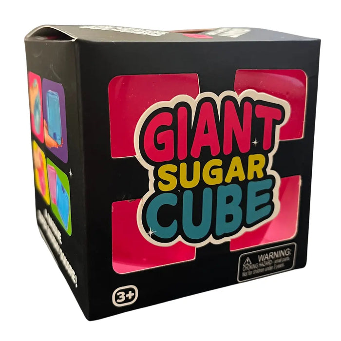 Box of 'Giant Sugar Cube' with colorful text and warning label on a white background