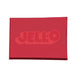 Hand squeezing a purple rectangular Jell-O Squishi toy, bending the soft sides around the embossed Jell-O logo.